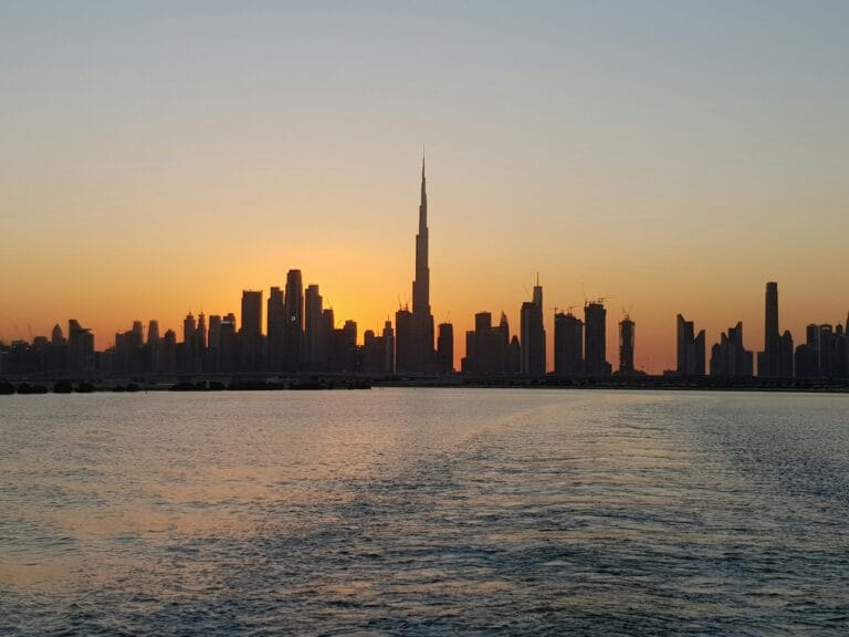 Dubai skyline and waterfront at sunset