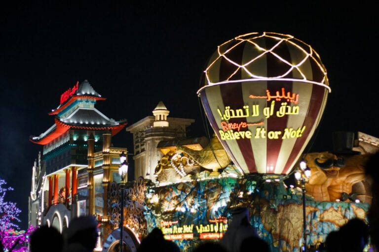 Illuminated Global Village Dubai pavilions at night during the 2026–27 season